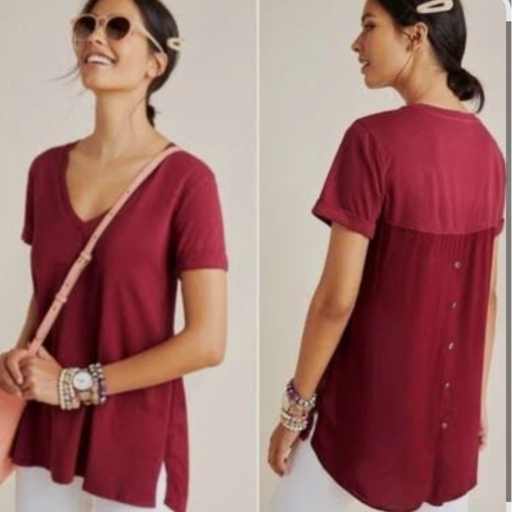 T.La Anthropologie Burgundy Mixed Media Button Back V-Neck Slub Knit Top XS